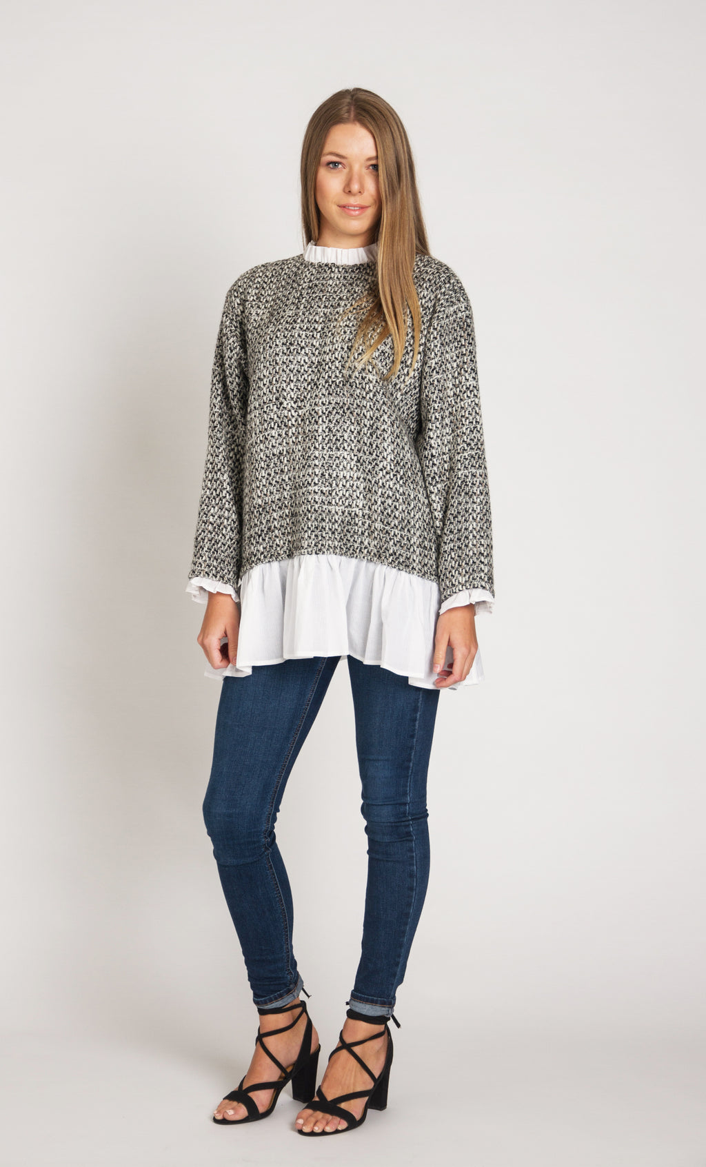 Woven Top with Sleeve and Hem Flounce